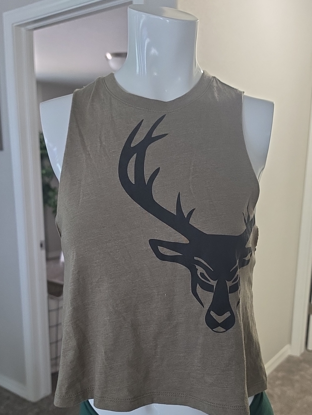 Women’s Olive Graphic Tank Top with Black Deer Motif